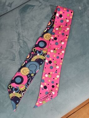 Coach Two-Tone Pink & Navy Polka Dot Silk Twilly